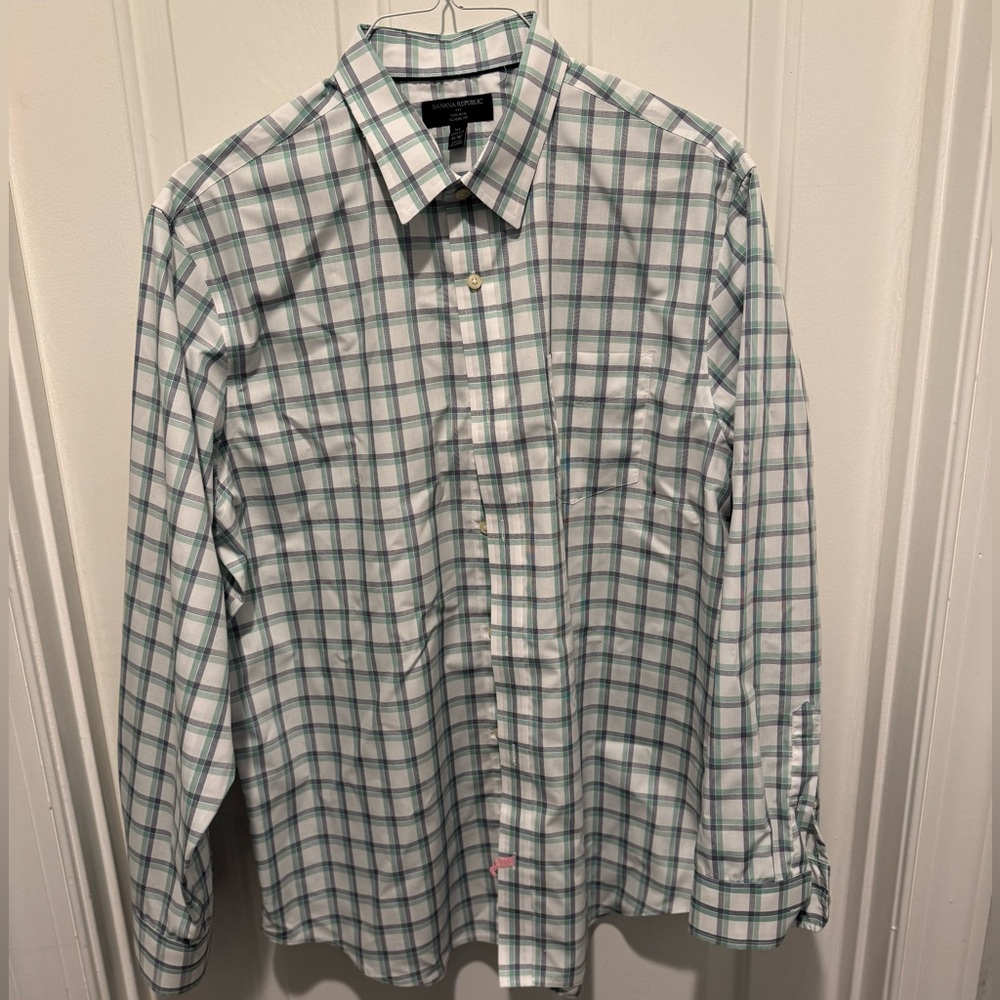Mens Banana Republic Non Iron White and Green Checkered Dress Shirt Size XL